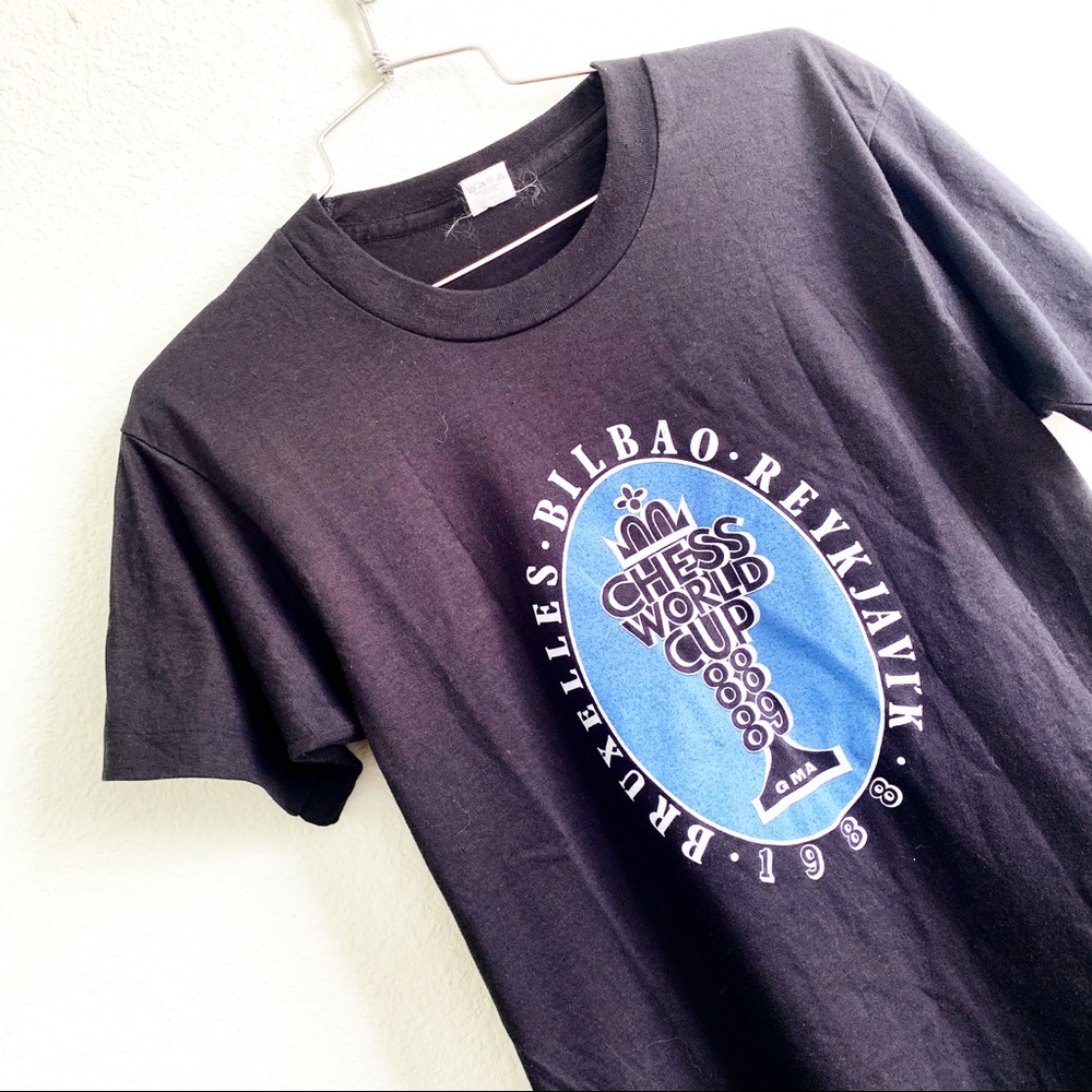 VINTAGE 80s Chess World Cup tee t-shirt top black short sleeve shirt graphic S